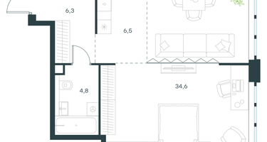 1-к. квартира, 52&nbsp;м²