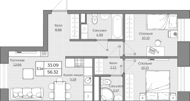 3-к. квартира, 56 м²