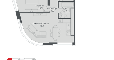 1-к. квартира, 59&nbsp;м²
