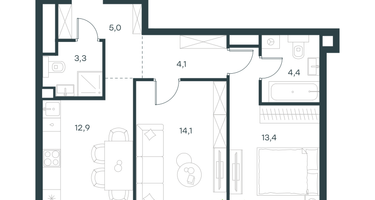 2-к. квартира, 57 м²