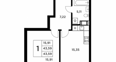 1-к. квартира, 43&nbsp;м²