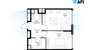 1-к. квартира, 44 м²