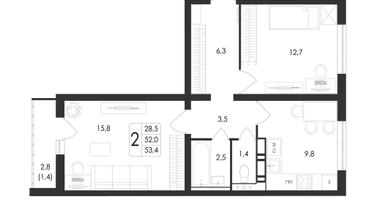 2-к. квартира, 53&nbsp;м²
