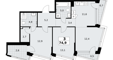 3-к. квартира, 74&nbsp;м²