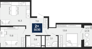 2-к. квартира, 56&nbsp;м²