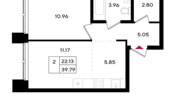 2-к. квартира, 39&nbsp;м²