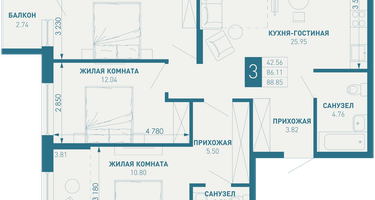 3-к. квартира, 88 м²