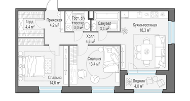 3-к. квартира, 68 м²