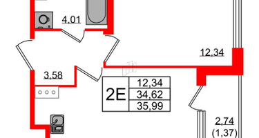 1-к. квартира, 35&nbsp;м²