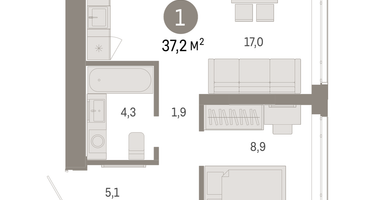 1-к. квартира, 37&nbsp;м²