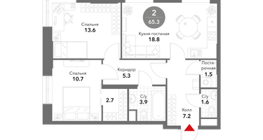 2-к. квартира, 65&nbsp;м²