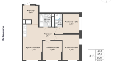 3-к. квартира, 86&nbsp;м²