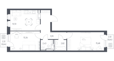 2-к. квартира, 58&nbsp;м²