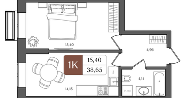 1-к. квартира, 38 м²