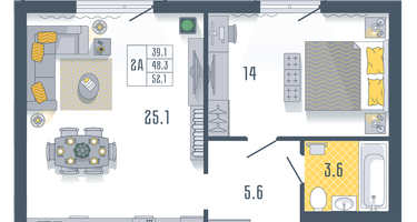 2-к. квартира, 52&nbsp;м²