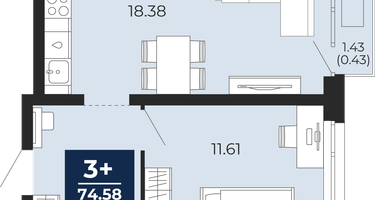3-к. квартира, 74 м²