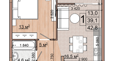 1-к. квартира, 42&nbsp;м²