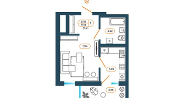 1-к. квартира, 31&nbsp;м²