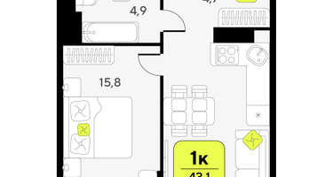 1-к. квартира, 43&nbsp;м²