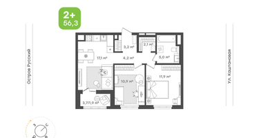 2-к. квартира, 56 м²
