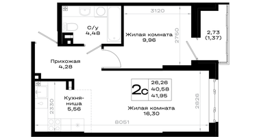 1-к. квартира, 41 м²
