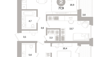 2-к. квартира, 77 м²