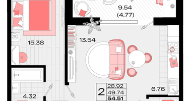 2-к. квартира, 54&nbsp;м²