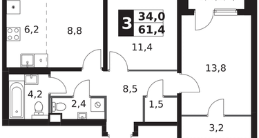3-к. квартира, 61&nbsp;м²