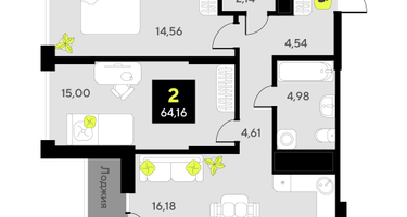 2-к. квартира, 64 м²