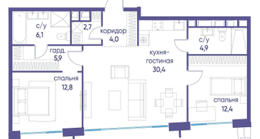 2-к. квартира, 79&nbsp;м²