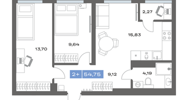 2-к. квартира, 54&nbsp;м²
