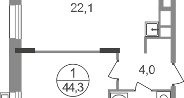 1-к. квартира, 44&nbsp;м²