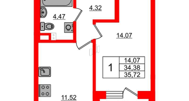 1-к. квартира, 34&nbsp;м²