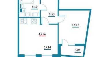 1-к. квартира, 43&nbsp;м²