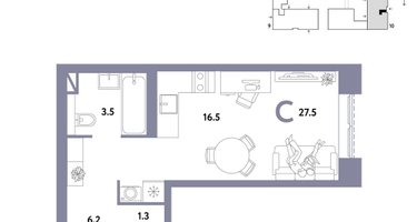1-к. квартира, 27&nbsp;м²