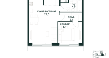 1-к. квартира, 57 м²