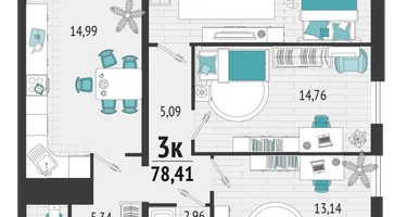 3-к. квартира, 77&nbsp;м²