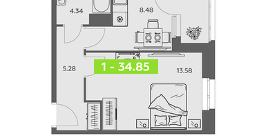 1-к. квартира, 34 м²