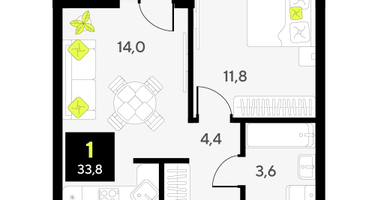 1-к. квартира, 33&nbsp;м²