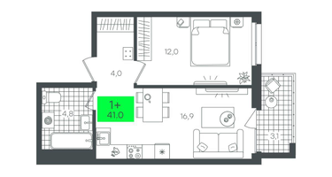 1-к. квартира, 41 м²