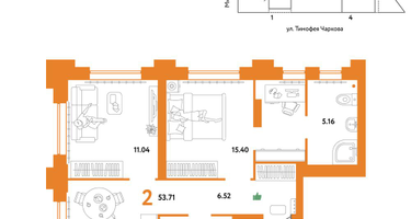 2-к. квартира, 53&nbsp;м²