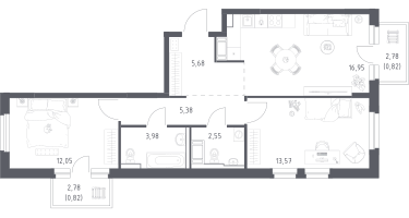 2-к. квартира, 61&nbsp;м²