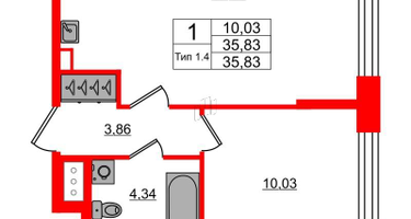 1-к. квартира, 35&nbsp;м²