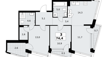 3-к. квартира, 74&nbsp;м²