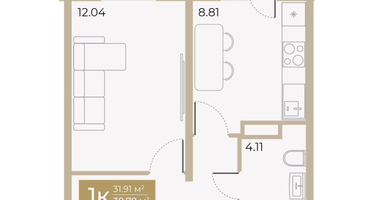 1-к. квартира, 31&nbsp;м²