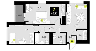 2-к. квартира, 62 м²