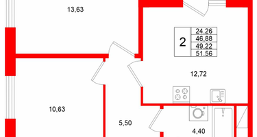 2-к. квартира, 49&nbsp;м²