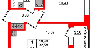1-к. квартира, 32 м²