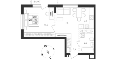 2-к. квартира, 43&nbsp;м²