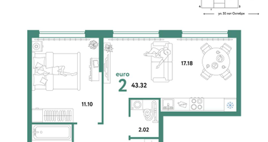 2-к. квартира, 42&nbsp;м²